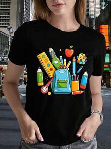 Camiseta casual de manga corta para mujer con estampado de mochila azul que muestra lápices, reglas, manzanas y crayones para un estilo universitario, cuello redondo, tela transpirable, ropa casual de primavera/verano, camiseta para mujer, moda de temporada, diseño artístico, material suave - Atuendo para el Día de San Patricio - Ropa de verano para mujer - Blusas para mujer - Blusas de verano - Ropa de vacaciones para mujer - Camiseta vintage de estilo callejero unisex, holgada, de algodón, manga corta y cuello redondo. blusas.blusas casuales para dama. - Negro - Ver 6