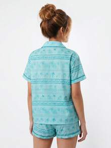 Womens Summer Pajamas Set Coconut Tree Print Button Down Short Sleeve Tops With Shorts Lounge Wear 2 Pcs Set - 藍色 - 查看 10