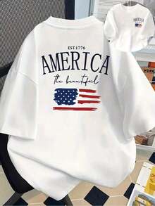 Short-Sleeved Printed T-Shirt With Front And Back Designs - The Beauty Of America, A Beautiful America - Spring/Summer Printed T-Shirt For Women, Fashion Item, Versatile And Casual Summer T-Shirt. - 白色 - 查看 5