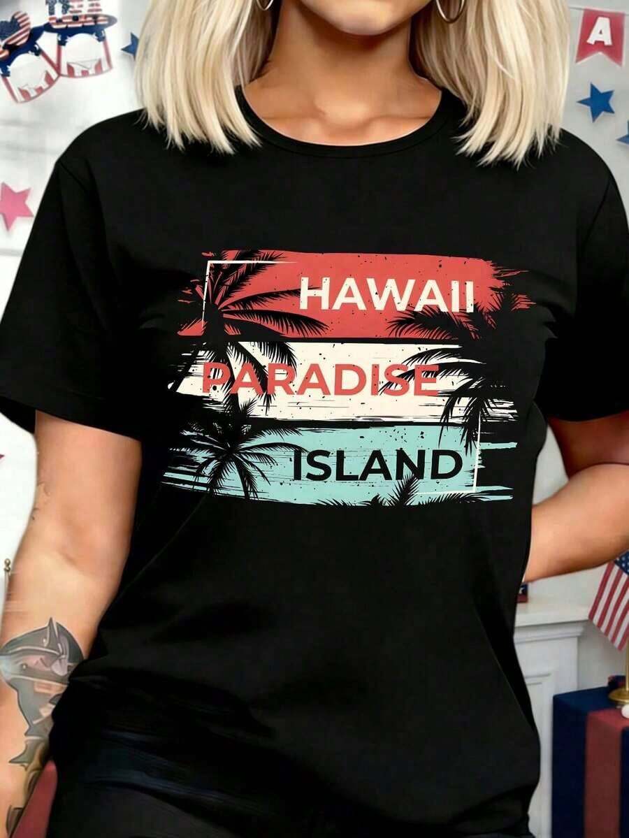 Camiseta Oversize para Mujer con Estampado Gráfico de Palmeras y Atardecer Retro de Hawaii Paradise Island, Estilo Vintage Tropical Vacacional, Corte Holgado, Manga Corta, Cuello Redondo, Camiseta Casual de Algodón con Estética de los 90, Tallas Grandes para Uso Diario, Ropa de Moda Mexicana para Mujer, Blusas Bonito 100% Algodón - Negro - Ver 1