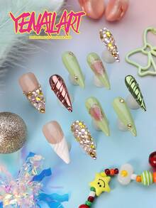 10pcs Y2K Rhinestone Press On Nails, Nude Pink Base With Silver Metal Frame & Colorful Gem Accents, Long Stiletto Full Cover Acrylic Fake Nails, Reusable False Nail Kit For Women, Perfect For Party, Rave, Daily & Kawaii Events, Nail Supplies - Mint Green - View 4