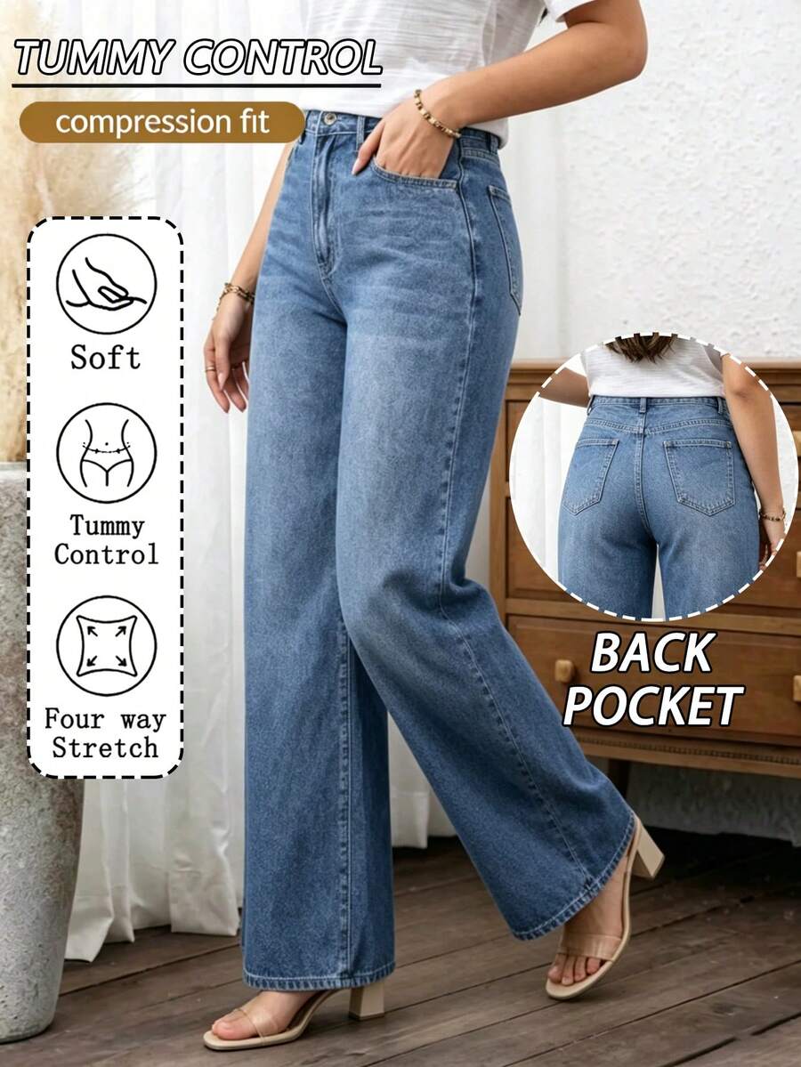 Jeans de mezclilla casuales de unicolor para mujer,Jeans de talle alto, pierna recta, lavado casual - 2018 - Ver 1