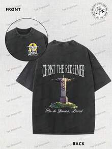 Camiseta de hombre de 230 g, doble cara, lavada, con diseño cristiano que muestra la imagen de la Virgen de Río de Janeiro.   Esta prenda de ropa urbana de corte holgado presenta un diseño de manga corta y cuello redondo, lo que la hace adecuada para uso casual durante todo el año. - Negro - Ver 7