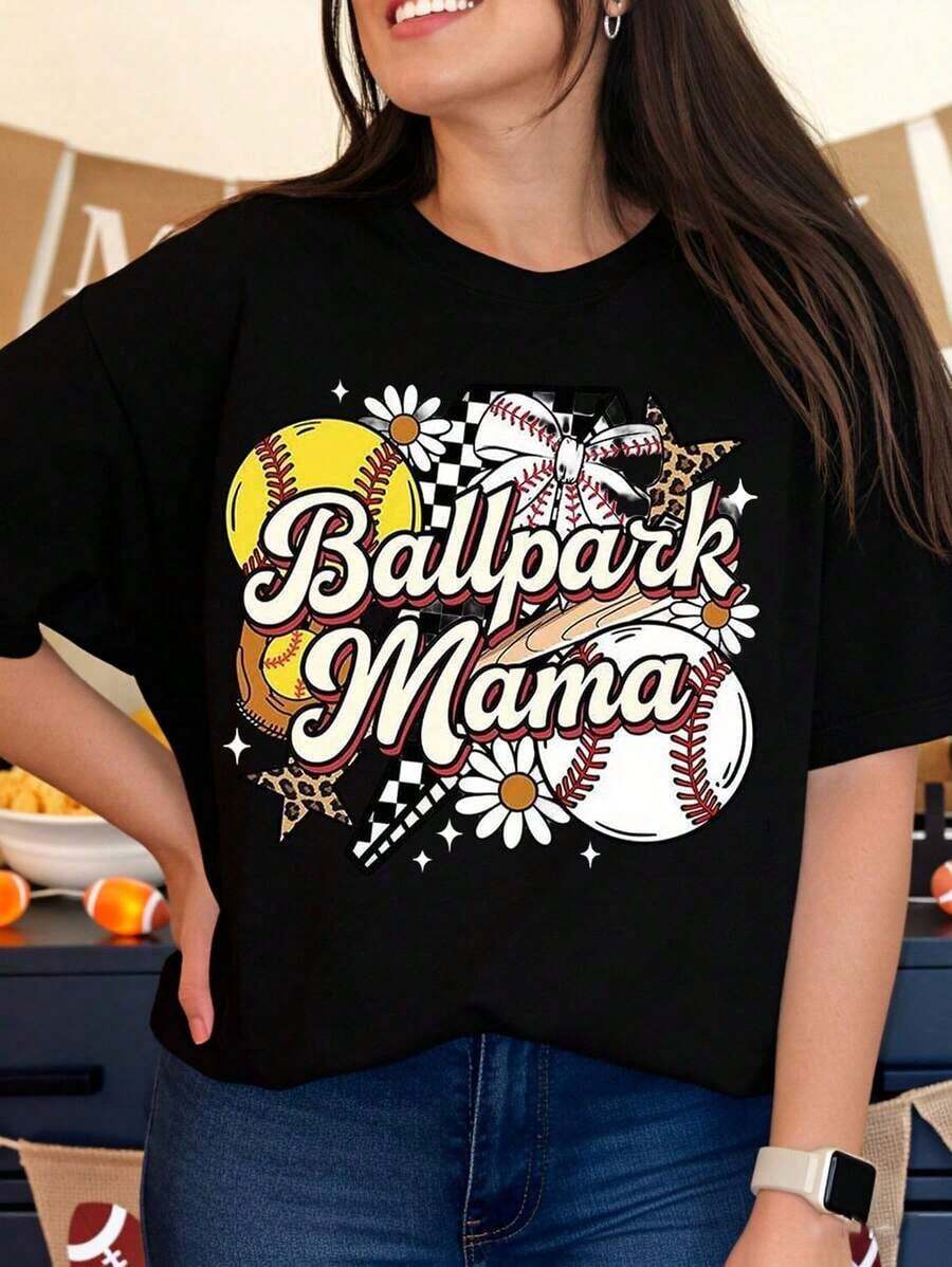 Camiseta de béisbol y sóftbol para mamá, camiseta gráfica casual para mujer, para el día del juego, atuendo para fanática de los deportes, top de verano. - Negro - Ver 1