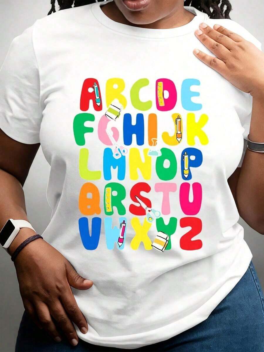 Camiseta con Letras del Alfabeto Coloridas y Artículos Escolares para Niños y Adultos, Diseño Educativo y Divertido - Blanco - Ver 1