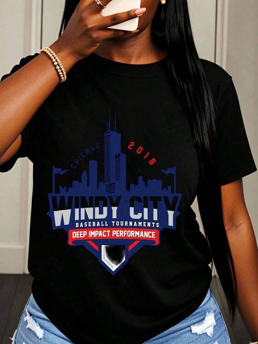 Torneo de Béisbol de la Ciudad del Viento 2018 Chicago, Camiseta Deportiva Casual Unisex para Hombres y Mujeres - Negro - Ver 1