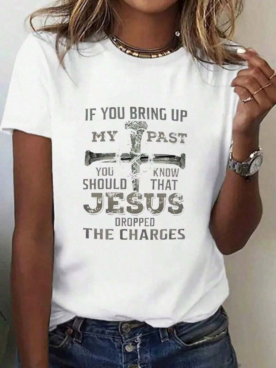 1 pieza, 100% puro, mencionaste mi camiseta estampada, el patrón es adecuado para primavera y verano, camiseta de mujer de cuello redondo y manga corta, top casual puro y transpirable, regalo de vacaciones. - Blanco - Ver 1