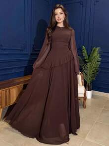Women's Elegant Brown Asymmetrical Neck Maxi Dress With Flare Long Sleeves And Flounce Hem, Formal Gown Style - 咖啡 - 查看 8