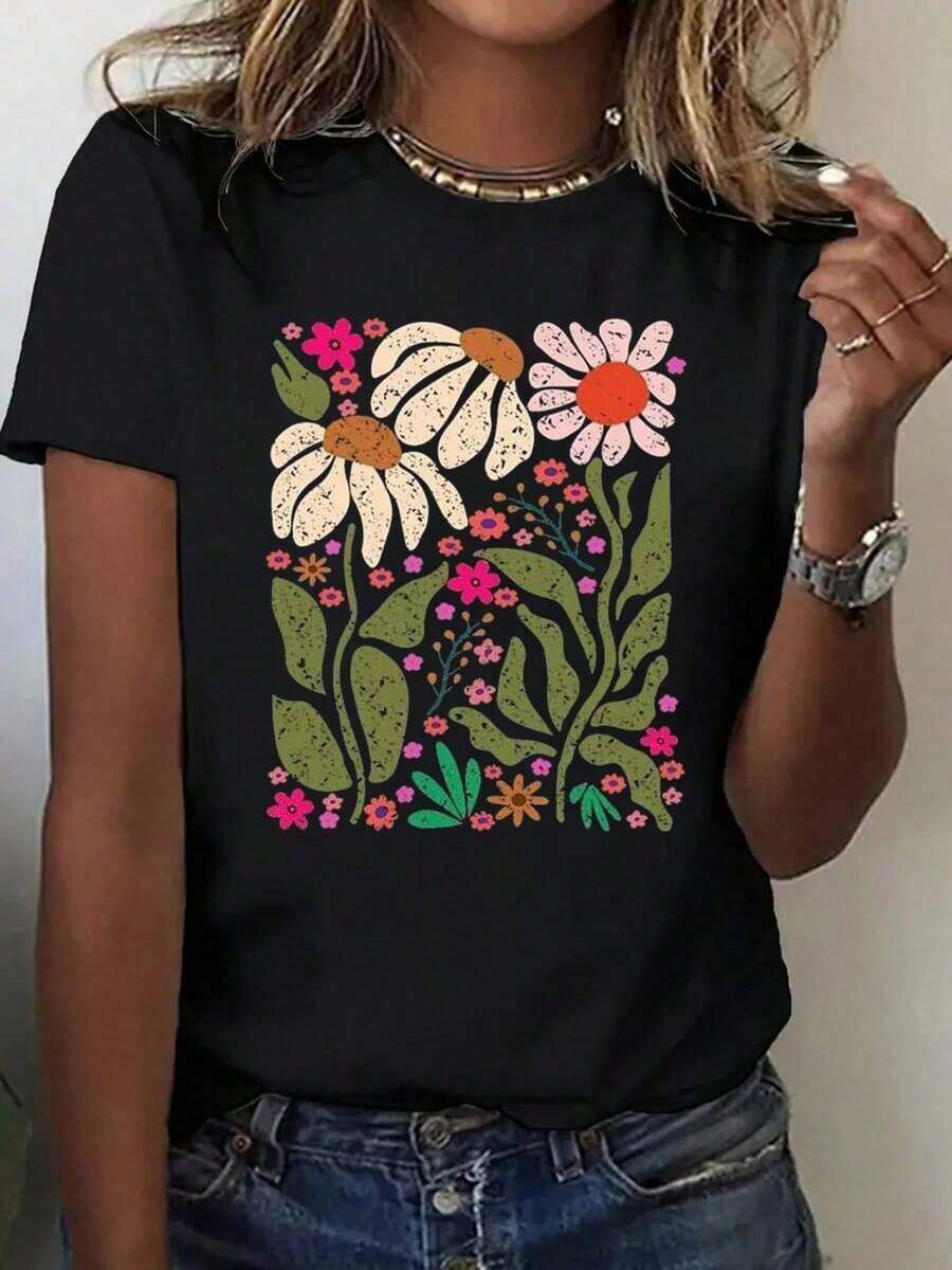 1 Piece, 100%, Cartoon Daisy Print T-Shirt, Women's Seasonal Casual T-Shirt, Short Sleeve Crew Neck T-Shirt, Outdoor Sports, Holiday Gift - 黑色 - 查看 1