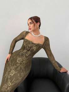 Vestido negro ajustado hasta el suelo con cuello corsé ahuecado y mangas largas con encaje en forma de S sexy para mujer para fiestas, citas y banquetes de otoño/invierno nuevo - Verde militar - Ver 1