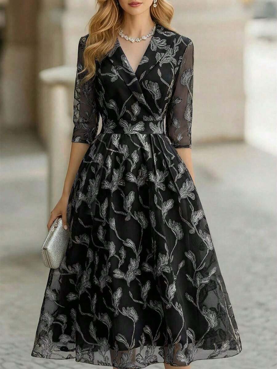 Vestido formal largo con estampado de hojas elegante para mujer, primavera/otoño - Multicolor 2 - Ver 1