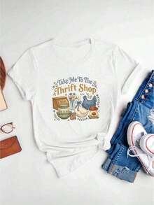 Women's Plus Size Funny Goose Print T-Shirt 'Take Me To The Thrift Store', Casual Crew Neck, Short Sleeve, For Everyday Wear In Spring, Summer And Autumn, Breathable And Comfortable, Gift For Thrifty Shopping Lovers, Machine Washable, For Women - 白色 - 查看 2