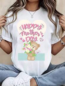 Playeras de Mujer para el Día de la Madre, con Estampado de Oso, Flores y Corazón, Diseño Bonito, Algodón Puro, Cuello Redondo, Suaves, Cómodas, Tejido Elástico para Uso Diario, Atuendo de Temporada, Celebración del Día de la Madre, Look Casual - Blanco - Ver 1