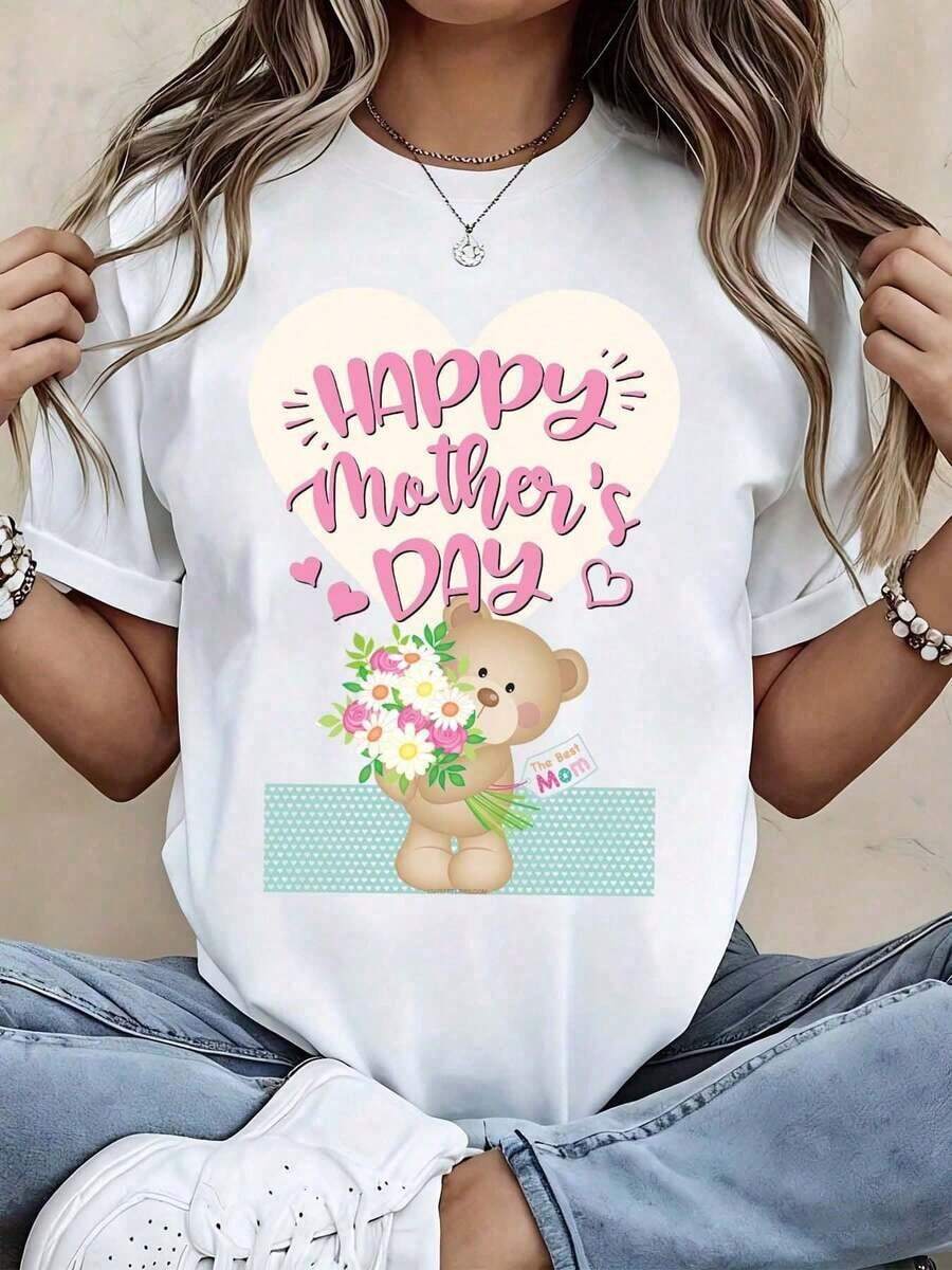 Playeras de Mujer para el Día de la Madre, con Estampado de Oso, Flores y Corazón, Diseño Bonito, Algodón Puro, Cuello Redondo, Suaves, Cómodas, Tejido Elástico para Uso Diario, Atuendo de Temporada, Celebración del Día de la Madre, Look Casual - Blanco - Ver 1