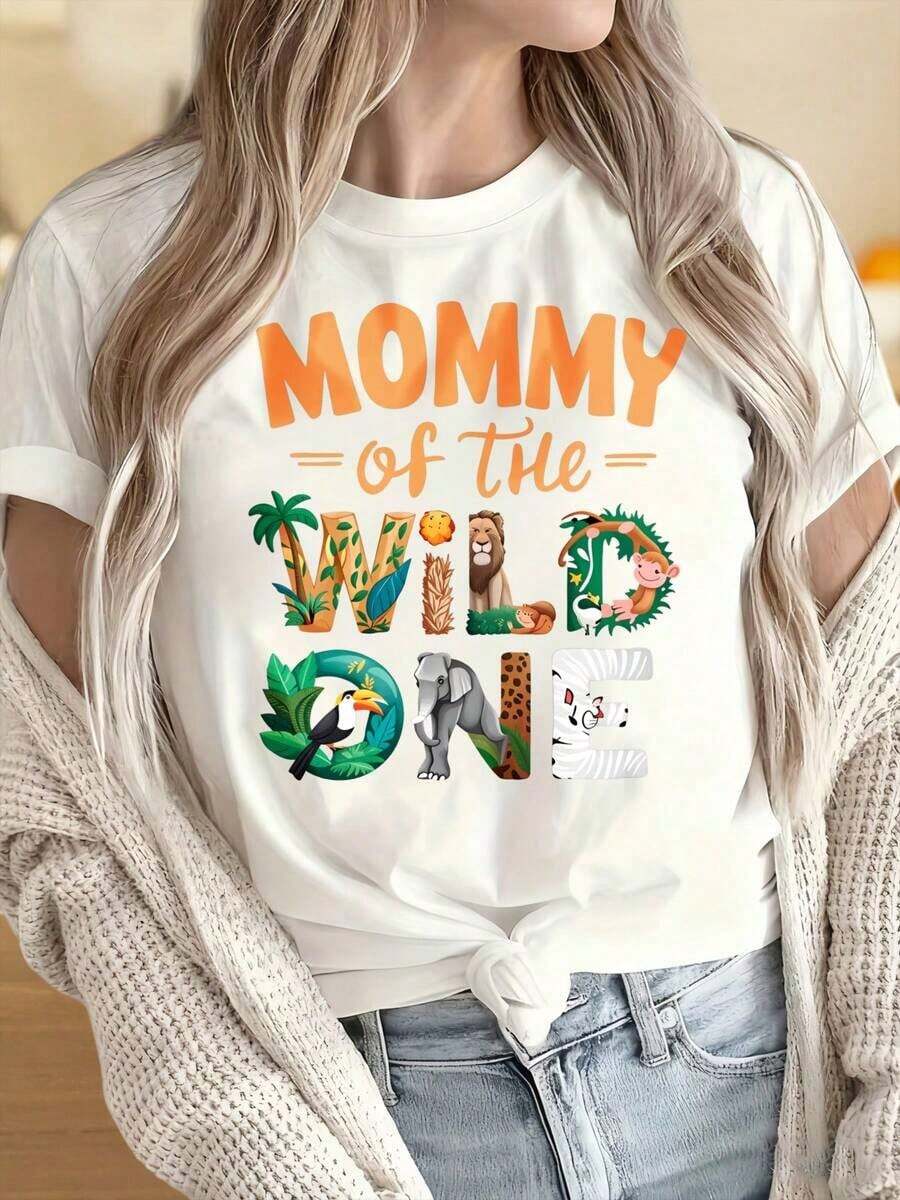 Playeras de Mujer, Camiseta Casual de Manga Corta con Cuello Redondo y Estampado, Camiseta con Estampado de Animales de la Selva para Mujer, Camiseta "Madre del Niño Salvaje", Bonito Regalo para Mamá, Ideal para Fiestas de Navidad, Actividades Deportivas, Fiestas de Vacaciones, Salidas, Deportes y Otros Regalos Festivos (220G). - Blanco - Ver 1