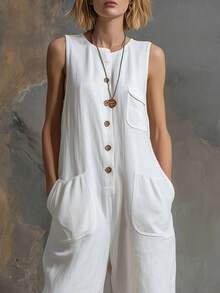 New Spring-Summer Jumpsuit For Women, Retro Casual Style, Sleeveless, White, Linen And Cotton, 3/4 Wide Leg, Flattering Design, Perfect For Daytime Looks, Walks And Holidays - 白色 - 查看 5