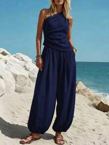 New Women's Summer 2-Piece Set, Minimalist Casual Style, Solid Color, Sleeveless Top, High-Waisted Loose Pants, Flattering, Perfect For Daytime Looks, Walks And Casual Occasions - 藏青色 - 查看 2