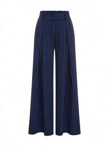 Pantalones de mujer de mezcla de algodón a rayas cómodos, de cintura alta, elegantes y de moda, de alta gama, con pliegues, cintura elástica, rectos, sueltos y de pierna ancha, adecuados para primavera/otoño, uso diario y versátiles - Azul marino - Ver 5