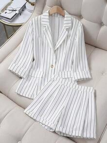 Conjunto de 2 piezas de chaleco sin mangas y pantalones cortos con estampado de bambú y rayas de aspecto de lino, estilo callejero francés elegante y vintage, versátil para negocios, oficina, vacaciones y verano - Blanco - Ver 3