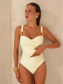 Swim Chiccia Conjunto de tankini de unicolor metálico elegante con tirantes ajustables y Bottom de cintura alta, set de 2 piezas - Beis - Ver 5