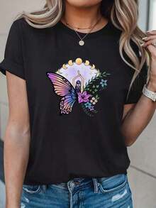 Women's Sweatshirt With Moon Phases And Butterflies, Mystic Witch T-Shirt With Butterflies, Mystic Moon And Butterfly Sweater, Celestial Boho Style With Moon And Butterflies - 黑色 - 查看 1