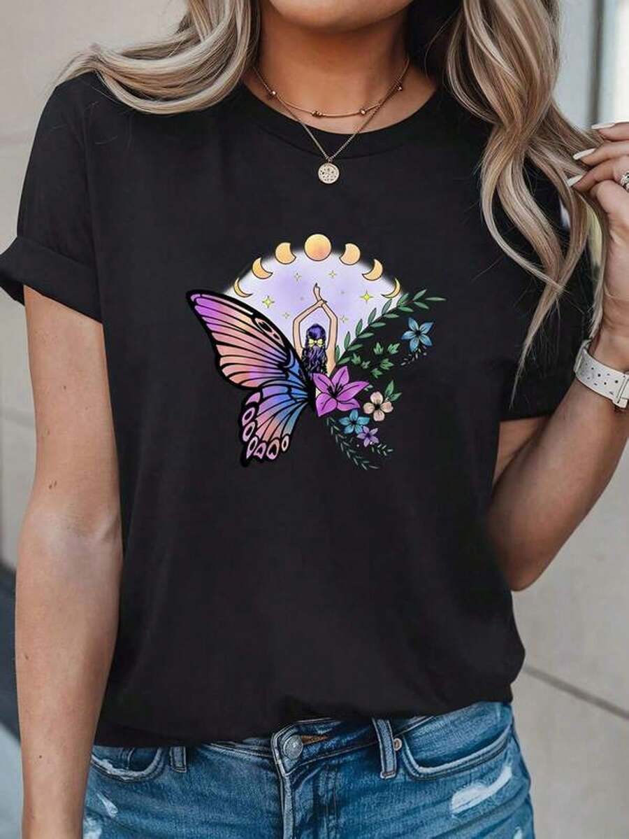 Women's Sweatshirt With Moon Phases And Butterflies, Mystic Witch T-Shirt With Butterflies, Mystic Moon And Butterfly Sweater, Celestial Boho Style With Moon And Butterflies - 黑色 - 查看 1