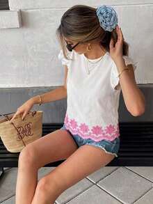 Blusa de verano casual de vacaciones con bordado floral y volantes en las mangas - Rosa - Ver 5