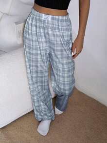 Pantalones de estar por casa rectos de cintura elástica con estampado de cuadros para mujer, para invierno - Azul - Ver 4
