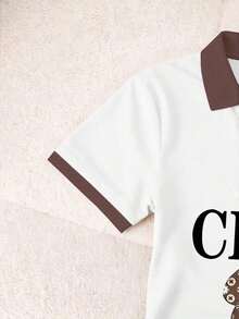 Blusa casual de mujer con cuello polo a rayas y manga corta - Blanco y Negro 5 - Ver 4