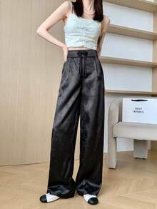Women's New Chinese Style Jacquard Wide-Leg Pants, High-Waisted Decorative Button Straight Leg Elegant Casual Black Trousers Vacation - Black - View 3