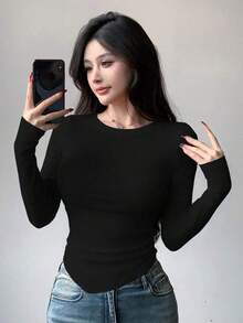 Camiseta de mujer de manga larga con diseño asimétrico y ajuste ceñido, ropa de otoño con estilo preppy - Negro 2 - Ver 6