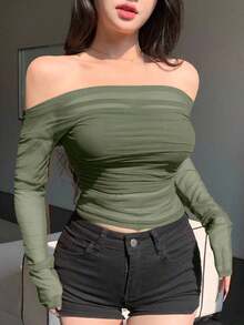 Blusa de mujer de malla elástica transparente con hombros descubiertos, blusa de manga larga para mujer de primavera/verano - Verde Oliva - Ver 7