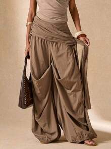 Pantalones sueltos y plisados de unicolor para uso diario de mujer - Caqui - Ver 7