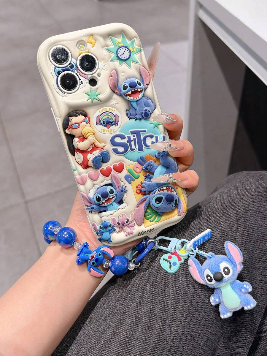 Disney Has Authorized, Phone Case - Chain Set, The Stitch Lilo & Stitch 3D Phone Case Plus A Silicone 3D Stitch Bracelet With Metallic Ring Removable Bracelet, Stitch And Angel Pattern, Compatible With Iphone17/16/15/14/13/12/11/XS/XR/X Plus Pro Max, A Stylish Cartoon Phone Case, The Perfect Gift Choice, Phone Protection, Durable Phone Cover, Great Gift For Friends And Family. - 白色 - 查看 1