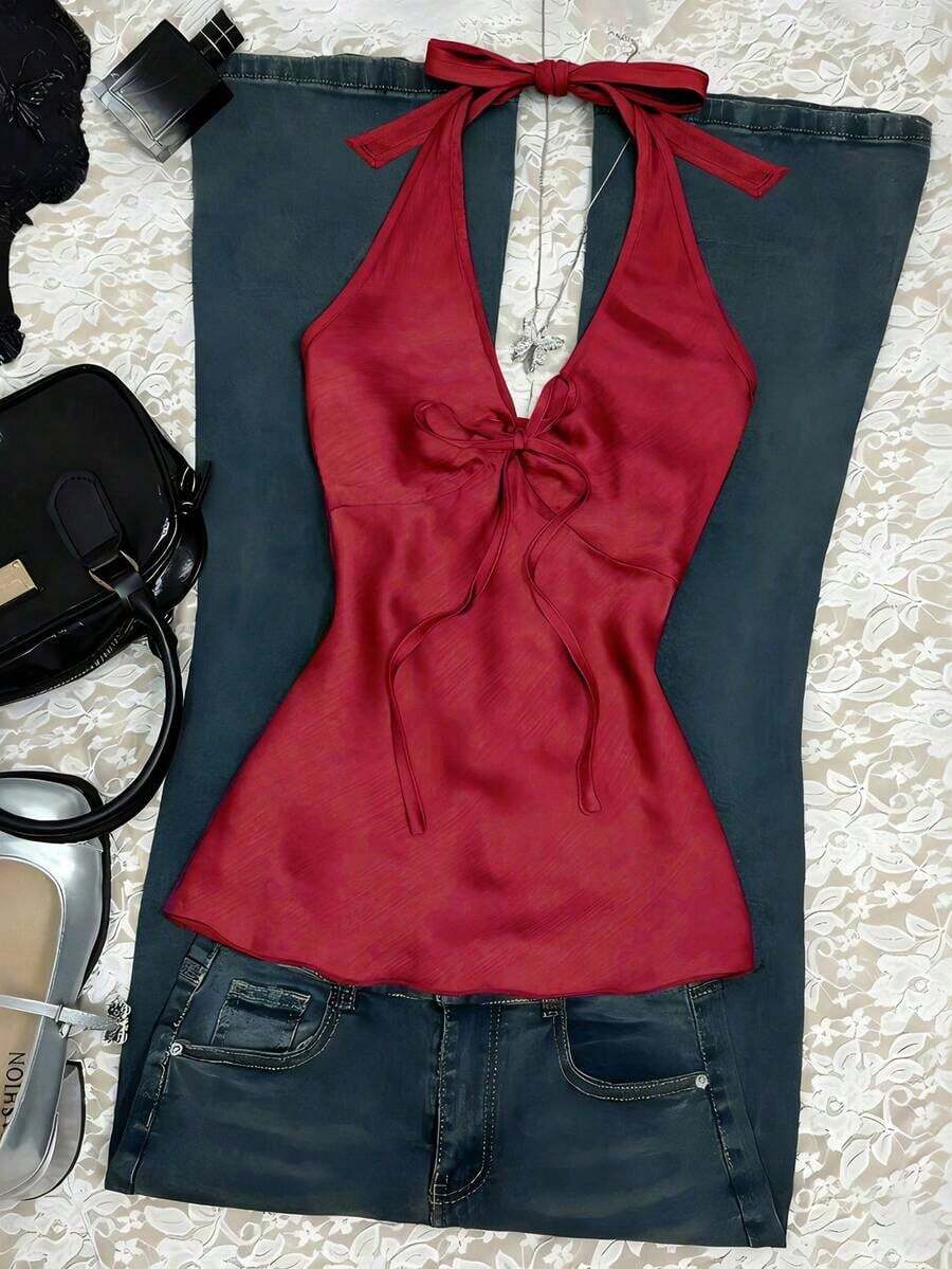 Nuevo top de verano de mujer con cuello halter, cintura fruncida y lazo, sexy y casual para vacaciones - Burdeos - Ver 1