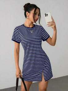 Vestido corto de manga corta para el verano con estampado de rayas y ribete a color block - Azul marino - Ver 8