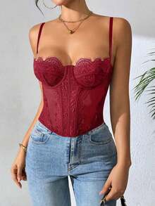 1 pieza Parte superior corta ajustada con adorno de encaje de moda para mujer, top corset de Body ceñido sexy, adecuado para fiesta, viaje, reunión, Navidad, San Valentín, Halloween, verano casual - Burdeos - Ver 12