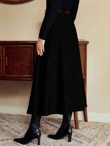 DECDS Falda elegante vintage para mujer con bolsillos y cinturón a cuadros, falda casual de vacaciones, falda gris de otoño, invierno y Navidad, falda para invitada de boda - Negro - Ver 2