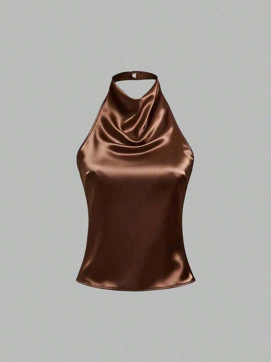 Camiseta sin espalda con lazo, de satén de unicolor, con drapeado halter elegante - Marrón - Ver 1