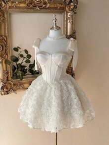 Elegante, romántico y de moda vestido de satén color café con hombros descubiertos y cola de sirena, con decoración floral 3D y volantes en el bajo, adecuado para fiestas de solteros, bodas, graduaciones, vacaciones, tardes de té y ocasiones formales - Albaricoque - Ver 6