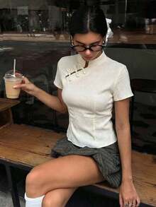 Blusa de cuello Mao de manga corta con cintura ceñida, estilo chino nuevo en color albaricoque, nuevo diseño de primavera/verano para mujer - Albaricoque - Ver 9