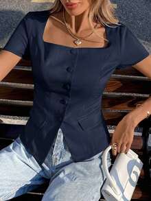 Camisa de unicolor sin mangas con cuello, top de estilo vintage retro para oficina - Azul marino - Ver 4