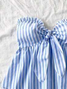 Top tubo con volantes y nudo delantero con estampado de rayas y bloques de color para vacaciones de verano en la playa de mujer - Azul y blanco - Ver 4