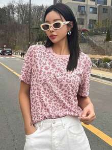 Camiseta de manga corta holgada con estampado de leopardo para mujer, ropa de verano y otoño - Rosa - Ver 7