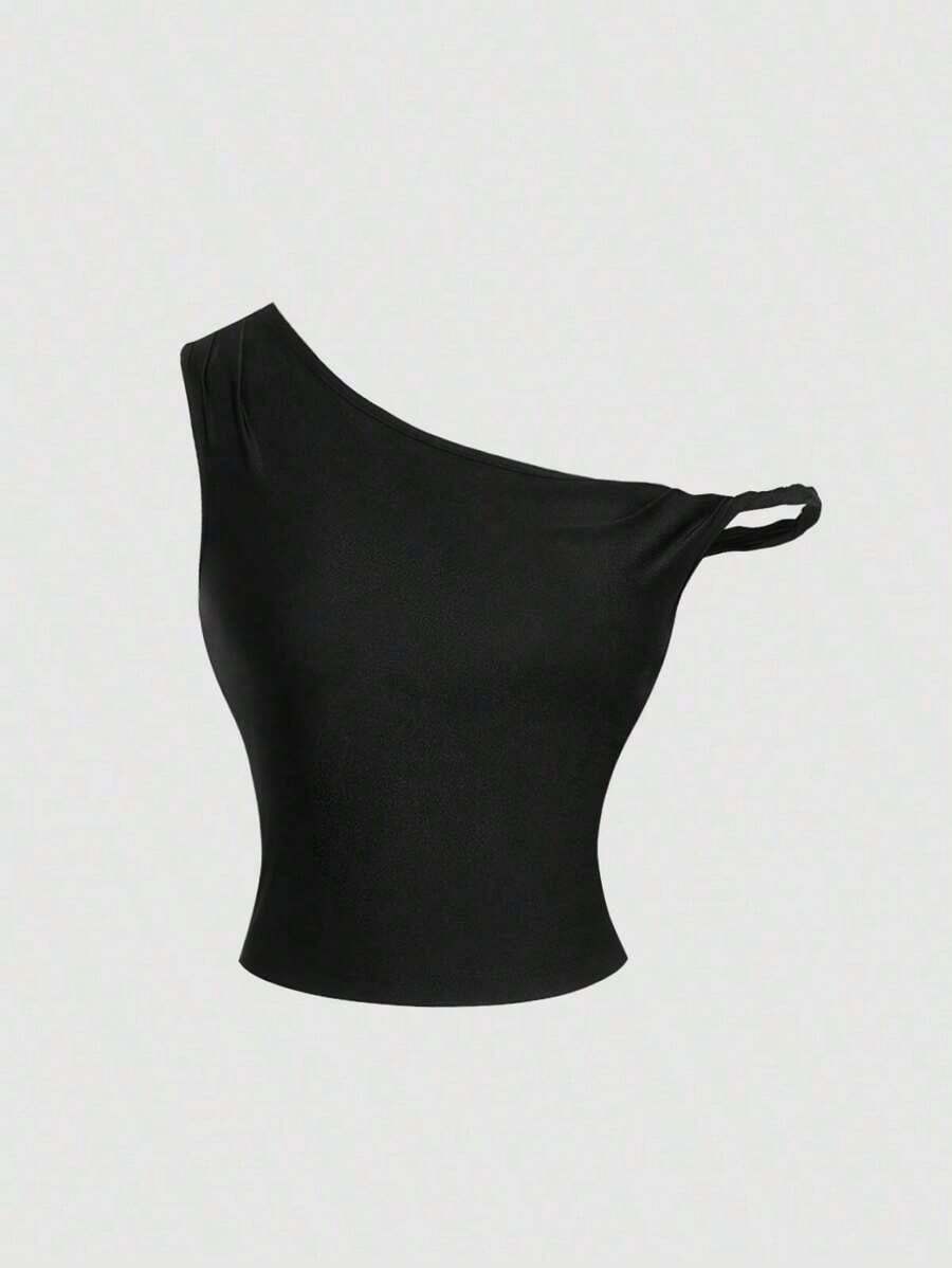 Top casual de tirantes con estampado de letras y frutas, ajuste ceñido para mujer - Negro 2 - Ver 1
