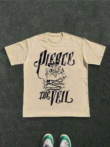 Free Shipping On New Pierce Veil T-Shirts, Versatile 230g Pure Cotton Printed T-Shirts With Letter Pattern, Perfect For A Retro Look, Women's Tops. - 杏色 - View 12