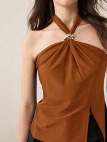Top con cuello de halter, diseño de botón de metal verde, abertura lateral, elegante y chic para uso urbano y diario, estilo romántico retro de los 90.Adecuado para Navidad, Año Nuevo, San Valentín, fiestas, playa, graduación, moda, carnaval, bod - Marrón - Ver 3