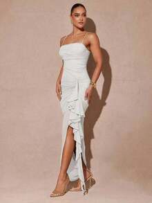 xheSilquee Elegante vestido verde salvia con mangas abullonadas románticas y abertura alta, vestido de fiesta ajustado con encaje para el Día de San Valentín, citas, invitados de boda, baile de graduaciónxhe - Blanco - Ver 4