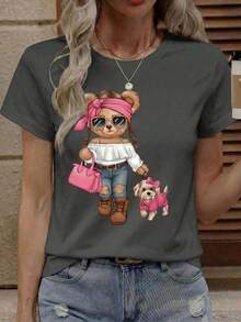 Women's Casual Short Sleeve T-Shirt, Black, With Round Neck And Graphic Print Of Bears And Dogs, Regular Fit, Polyester Top For Autumn Fashion - 深灰色 - 查看 9