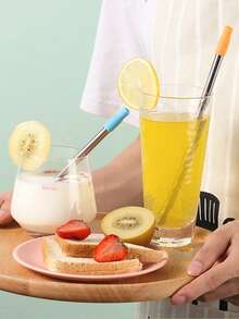3pcs Stainless Steel & Silicone Retractable Drinking Straws Set, Travel Portable Reusable Straws - View 6